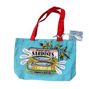 Trader Joe’s Sardine Tote Bag NWT Canvas Grocery Bag Blue Red Handles 19x12.5